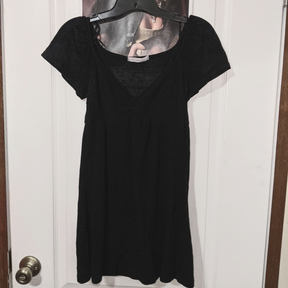 Y2K 2000's Black Charlotte Russe VNeck Babydoll Dress Short Sleeve Small Vintage